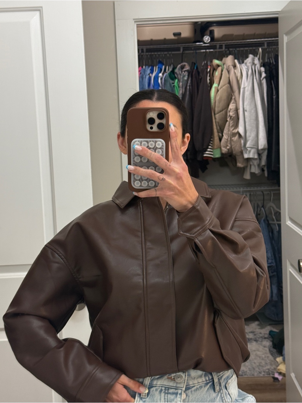 Women’s Brown Faux Leather Bomber Jacket - Cropped Collar